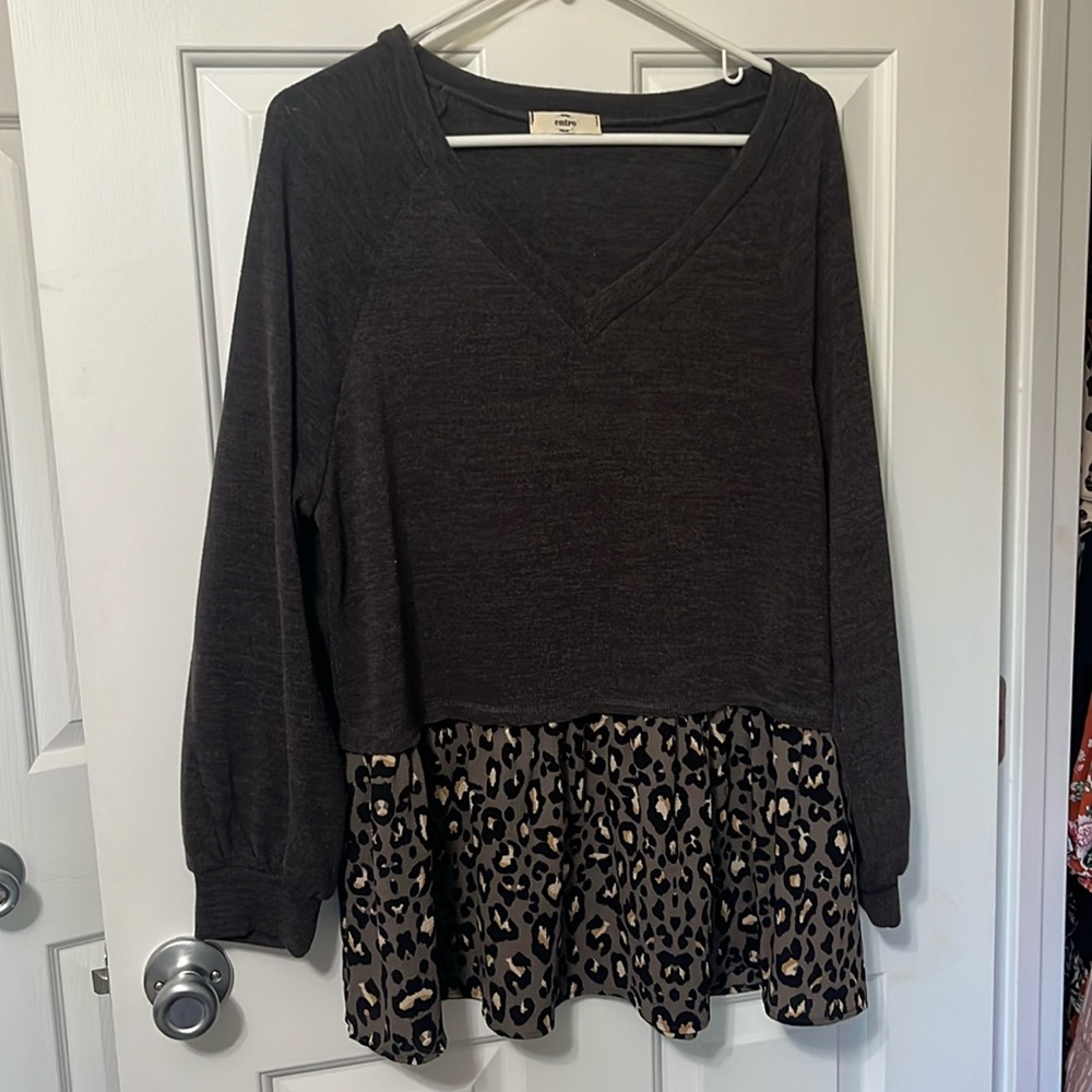 Gray with Leopard Peplum Top
